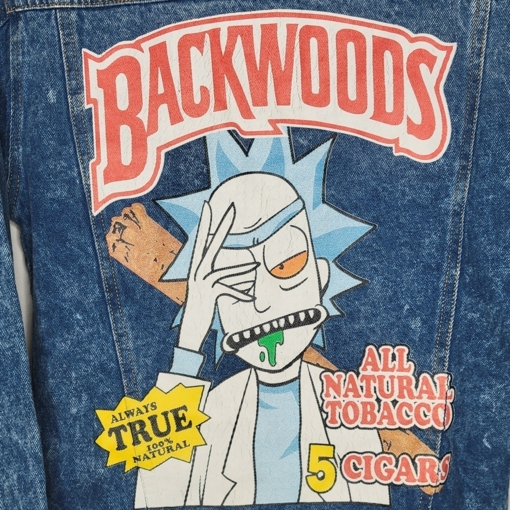 Backwoods Cigars Rick and Morty Painted Denim Jacket Size Small - Picture 2 of 5